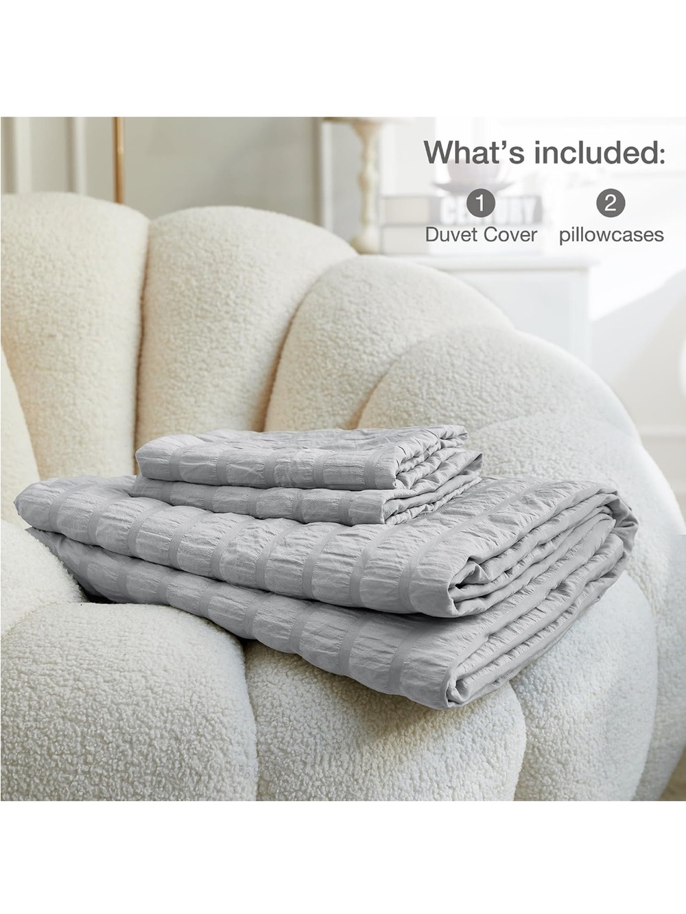 NEW JELLYMONI Light Grey Seersucker Cotton Duvet Cover Set Full, Soft Breathable - Picture 6 of 6